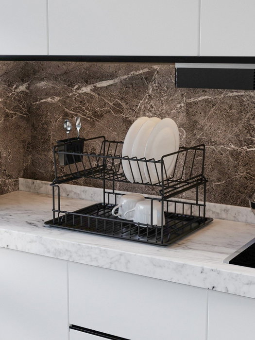 Hermia Escurreplatos SM004-B, Metal Negro, 35.5 x 29.5 x 23.5 cm, 2.5-5 mm Grosor, Diseño Elegante y Duradero para Cocina