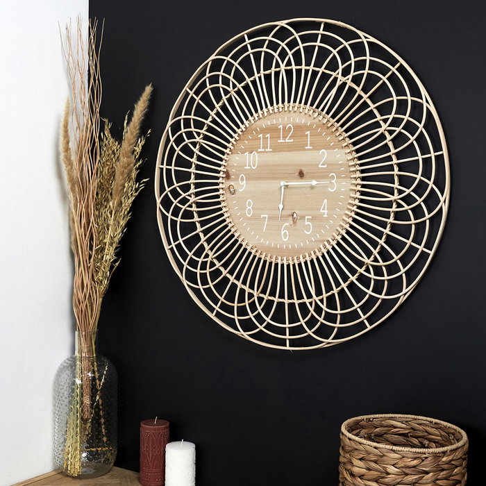 Home Deco Factory Reloj de Pared Ratán Natural, Diámetro 70 cm
