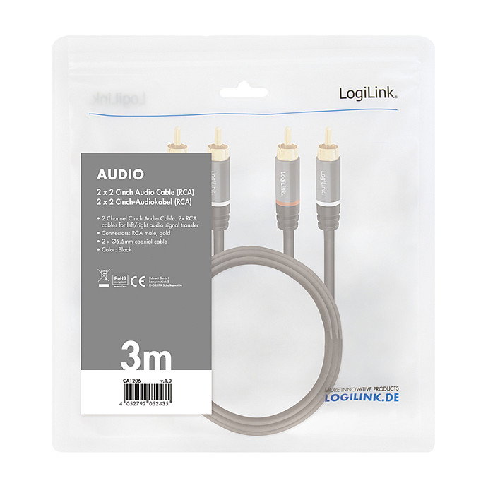 LogiLink Cable de Audio 2x RCA/M a 2x RCA/M, 3 m, Negro