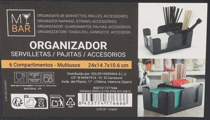 My Bar Organizador de Servilletas y Pajitas con 6 Secciones, 24 cm x 14.7 cm x 10.6 cm (6 Unidades)