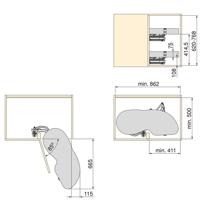 Emuca Sistema de rincón extraíble Lake Harmony para mueble de cocina, Derecha, Altura regulable, Acero y Madera, Gris antracita