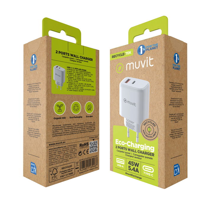 muvit for change cargador de pared GaN USB 18W + Tipo C PD45W blanco