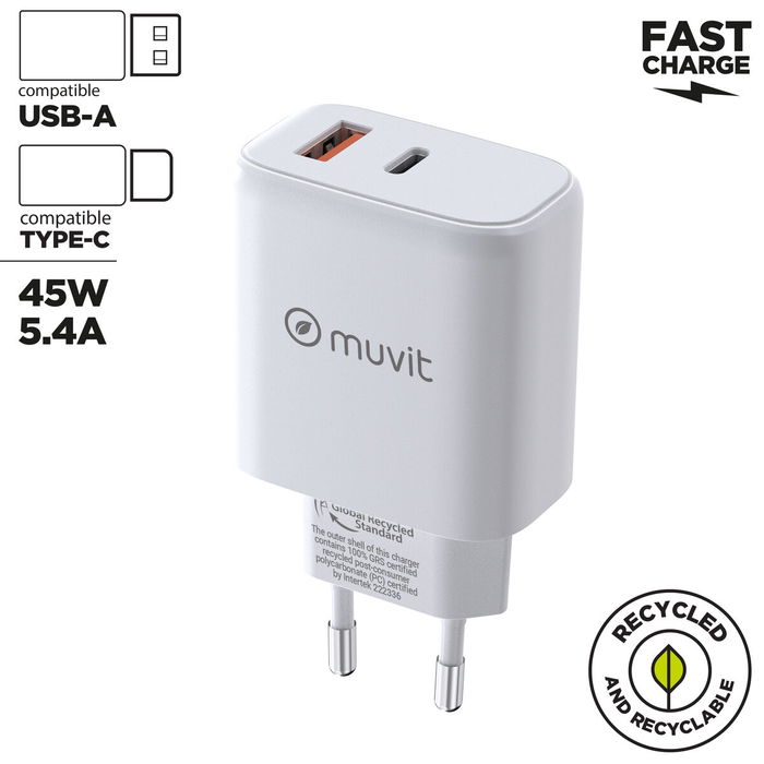 muvit for change cargador de pared GaN USB 18W + Tipo C PD45W blanco