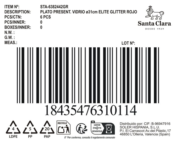 Inde Bajoplato de Vidrio Elite Glit Rojo Sta Clar, Plato Decorativo o Base, 31 cm (6 Unidades)