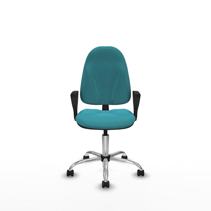 Silla de oficina Algarra con mecanismo Contacto permanente básico tapizada con Tela color Turquesa. Equipada con Base cromada, Brazos fijos y Ruedas de parqué