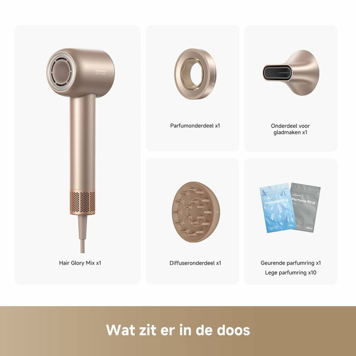 Dreame Secador de Pelo Glory Mix 1600W Ionico, 3 Boquillas Magnéticas, Dorado