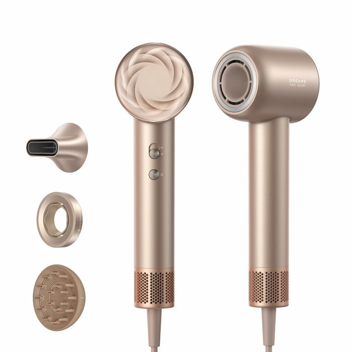 Dreame Secador de Pelo Glory Mix 1600W Ionico, 3 Boquillas Magnéticas, Dorado