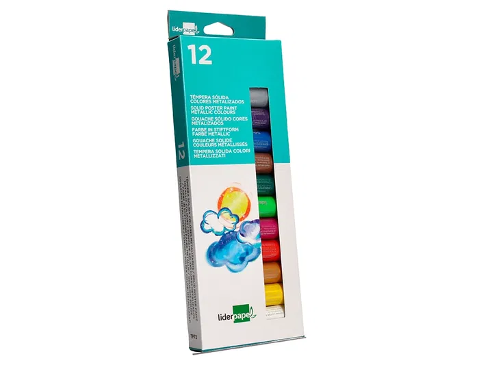 Liderpapel Tempera Sólida en Barra Escolar 10 g - Caja de 12 Colores Surtidos Metalizados, Pintura Directa sin Agua, Lavable