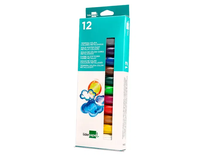 Liderpapel Tempera Sólida en Barra Escolar 10 g - Caja de 12 Colores Surtidos Metalizados, Pintura Directa sin Agua, Lavable