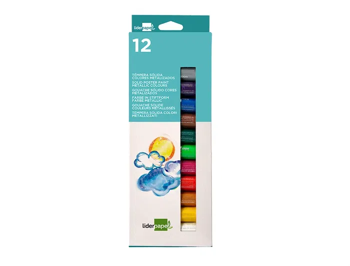 Liderpapel Tempera Sólida en Barra Escolar 10 g - Caja de 12 Colores Surtidos Metalizados, Pintura Directa sin Agua, Lavable