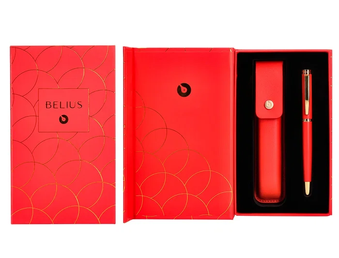 Belius Passion d'or Bolígrafo y Estuche Rojo y Dorado Tinta Azul Aluminio Textura Cepillada Caja Diseño Elegante Regalo.