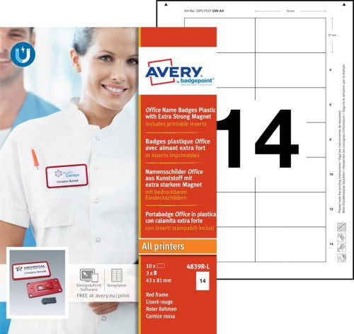 Avery 4839R-L Porta Nombres Office Badge Rojo con Imán Extra Fuerte 37 x 75 mm Pack 10 Unidades