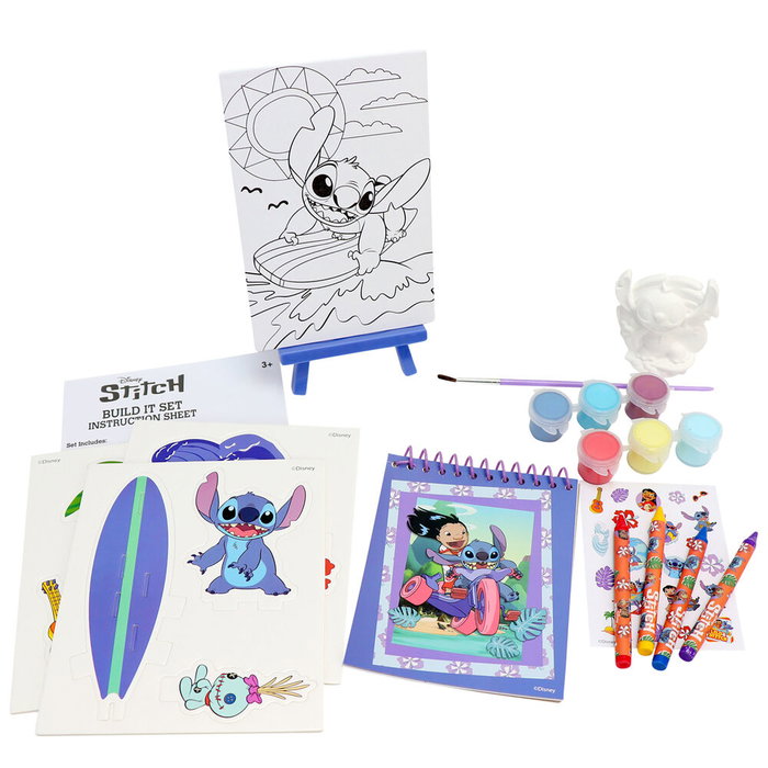 JUST PLAY Set de Papelería Cubo Stitch Disney con Lápices de Colores, Pincel y Figuras para Construir