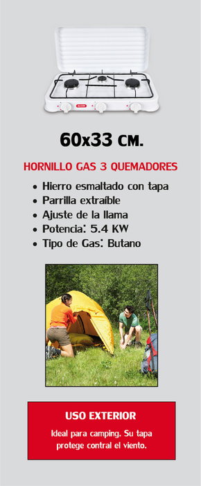 Algon Bbq Hornillo 3 Fuegos Gas C/Tapa 55,6 cm Largo x 32,6 cm Alto x 8,6 cm Ancho (2 Unidades)