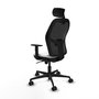 Silla de oficina Jorquera con mecanismo Sincro tapizada con Tela color Blanco y malla color Negro. Equipada con lumbar 1D, Brazos 1D, Cabecero 2D y Ruedas 65mm nailon