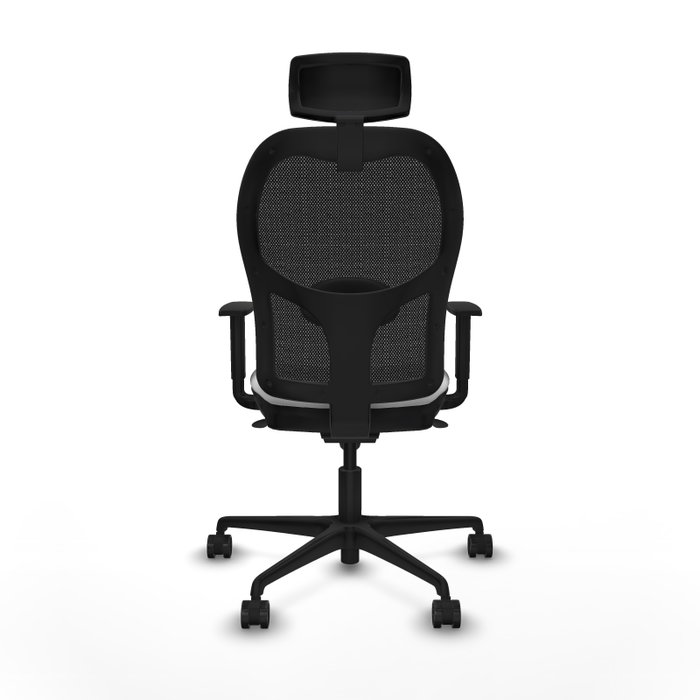 Silla de oficina Jorquera con mecanismo Sincro tapizada con Tela color Blanco y malla color Negro. Equipada con lumbar 1D, Brazos 1D, Cabecero 2D y Ruedas 65mm nailon