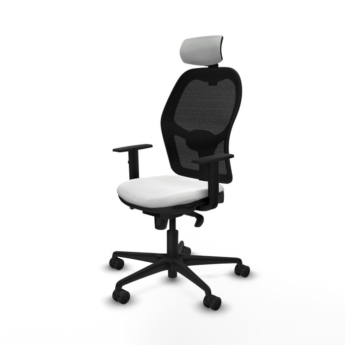 Silla de oficina Jorquera con mecanismo Sincro tapizada con Tela color Blanco y malla color Negro. Equipada con lumbar 1D, Brazos 1D, Cabecero 2D y Ruedas 65mm nailon
