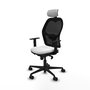 Silla de oficina Jorquera con mecanismo Sincro tapizada con Tela color Blanco y malla color Negro. Equipada con lumbar 1D, Brazos 1D, Cabecero 2D y Ruedas 65mm nailon
