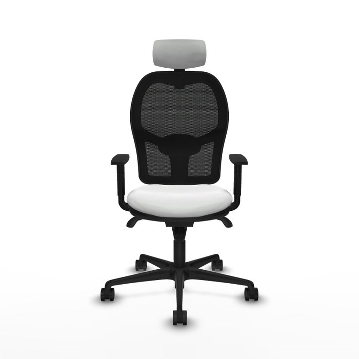 Silla de oficina Jorquera con mecanismo Sincro tapizada con Tela color Blanco y malla color Negro. Equipada con lumbar 1D, Brazos 1D, Cabecero 2D y Ruedas 65mm nailon