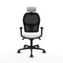 Silla de oficina Jorquera con mecanismo Sincro tapizada con Tela color Blanco y malla color Negro. Equipada con lumbar 1D, Brazos 1D, Cabecero 2D y Ruedas 65mm nailon