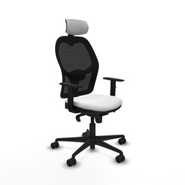 Silla de oficina Jorquera con mecanismo Sincro tapizada con Tela color Blanco y malla color Negro. Equipada con lumbar 1D, Brazos 1D, Cabecero 2D y Ruedas 65mm nailon