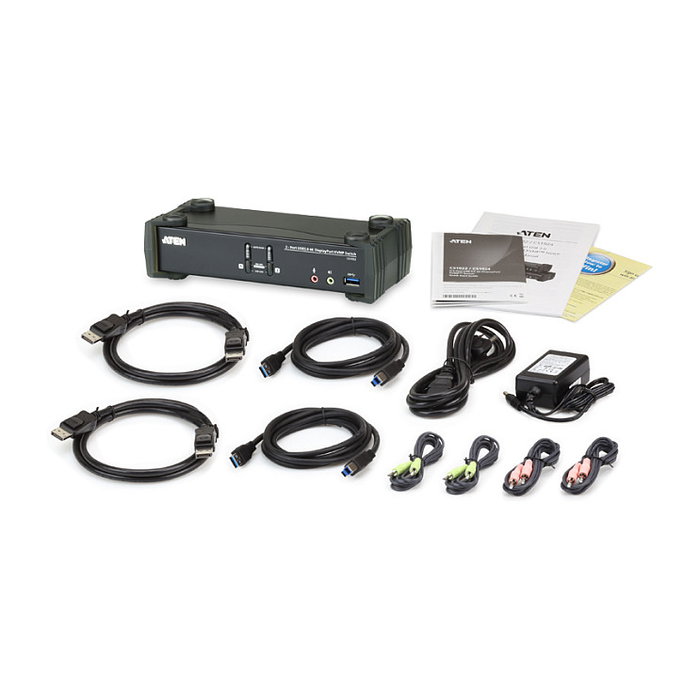 ATEN Switch KVM USB 3.1 Gen 1 de 2 puertos para 4K DisplayPort 1.2 con Audio y Cables incluidos (KVMP)