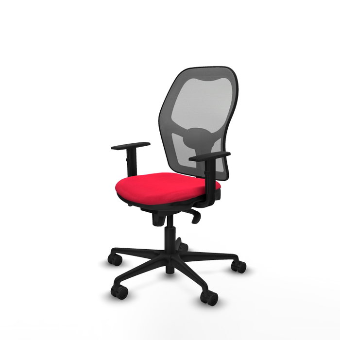 Silla de oficina Jorquera con mecanismo Sincro tapizada con Tela color Rojo y malla color Gris. Equipada con lumbar 1D, Brazos 1D y Ruedas 65mm nailon