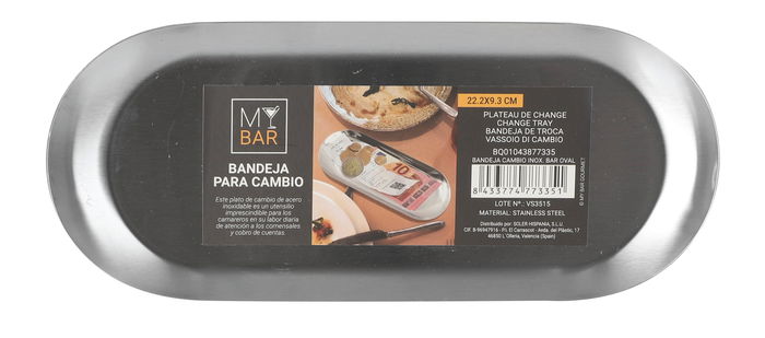My Bar Bandeja Cambio Inoxidable Bar Oval 22,2 cm x 9,5 cm x 1 cm (24 Unidades)