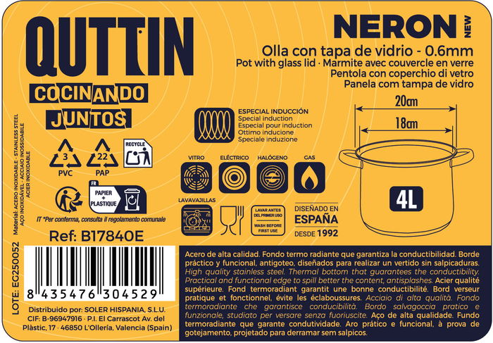 Inde Olla 20 cm 4L Acero Inoxidable con Tapa "New Neron" (4 Unidades)