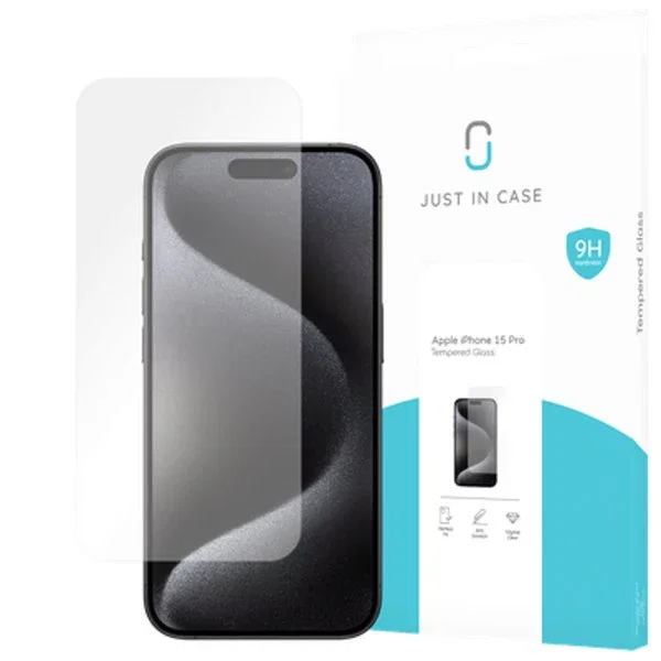 Just in Case 8132154 Protector de Pantalla de Vidrio Templado 9H para iPhone 15 Pro, Transparente, Resistente a Impactos y Rayones, 1 Unidad