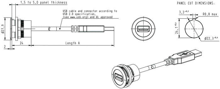 HARTING Conector hembra USB har-port 22mm IP20 plata