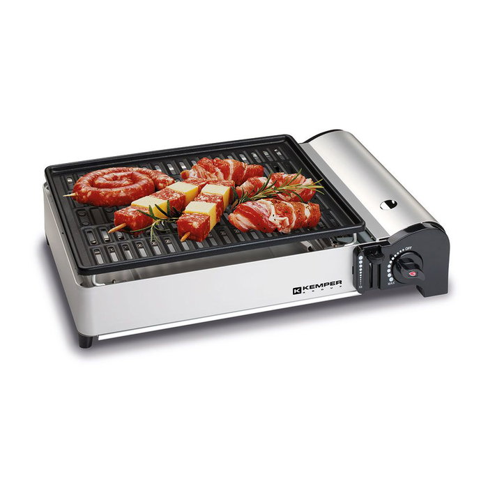 Kemper Barbacoa Portátil de Gas Butano para Camping, Parrilla de Aluminio Antiadherente 27x34 cm con Encendido Piezoeléctrico y Saco Transporte, 1.9 kW