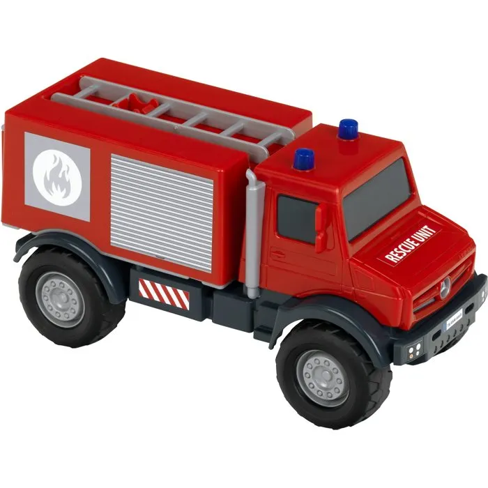 KLEIN KLE4009847038005 - Camión de Bomberos Todoterreno Mercedes Unimog 3600 con Portón Abatible - Ruedas Blandas - Escala 1:24 - Juguete para +3 Años