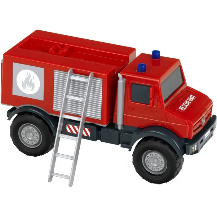 KLEIN KLE4009847038005 - Camión de Bomberos Todoterreno Mercedes Unimog 3600 con Portón Abatible - Ruedas Blandas - Escala 1:24 - Juguete para +3 Años