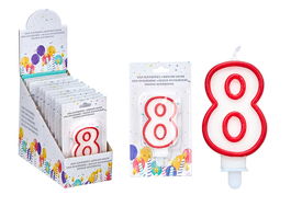 Arte Regal Vela Cumpleaños Número 8 Blanca con Borde Rojo 4.2x8.2x1 cm (Set de 72)
