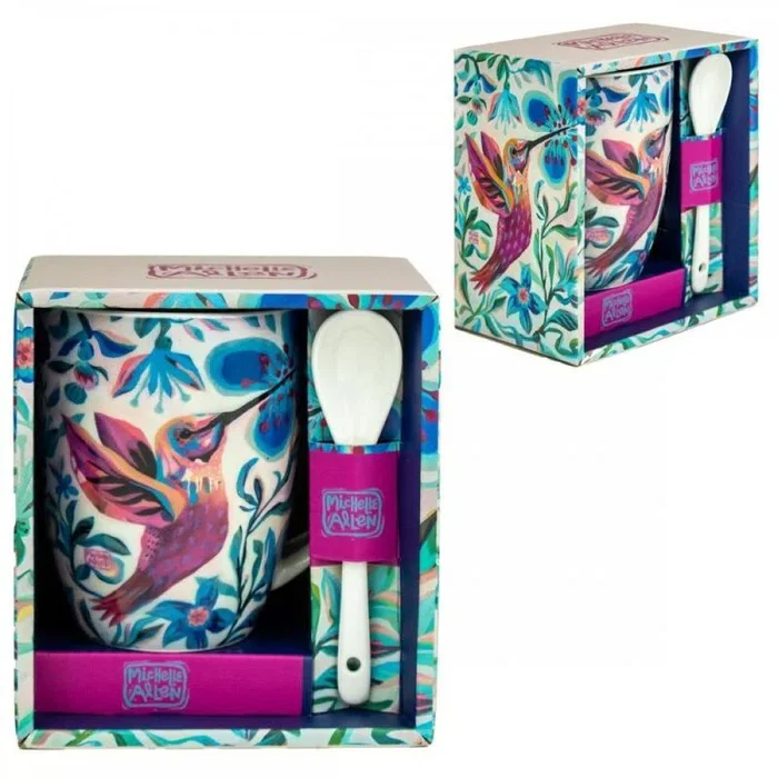 Enesco Taza con Cuchara Colibrí y Motivos Naturales, Diseño Decorativo, Incluye Cuchara, Presentación en Caja, Ideal para Regalo