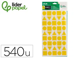 Liderpapel Gomets Figuras Geométricas Medianas Autoadhesivos, Triángulos, Círculos, Cuadrados 540 Unidades en 12 Hojas Colores Surtidos para Manualidades Escolares