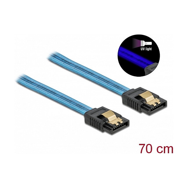 DeLOCK Cable SATA III 6 Gb/s con efecto de brillo UV azul, 70 cm