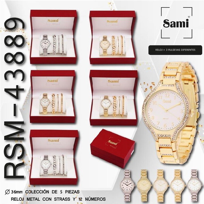 SAMI Conjunto Reloj Rojo con Strass de 12 Números + 3 Pulseras SRA