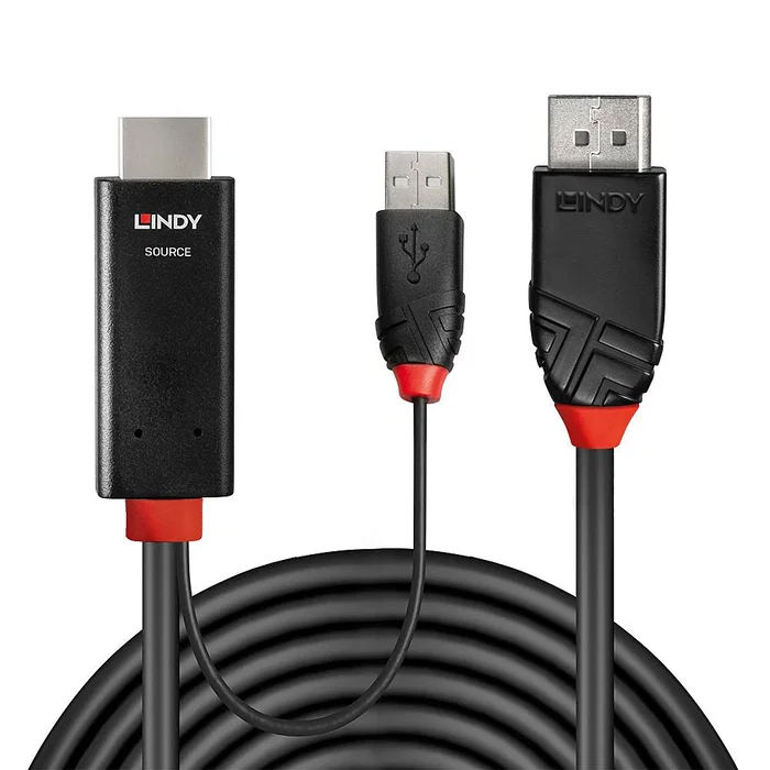 Lindy Adaptador de Cable HDMI + USB Type-A a DisplayPort 41498, 1 m, 4K a 4096x2160 Pixeles 21.6 Gbit/s HDR, Versión HDMI 2.0 y DisplayPort 1.2, Negro