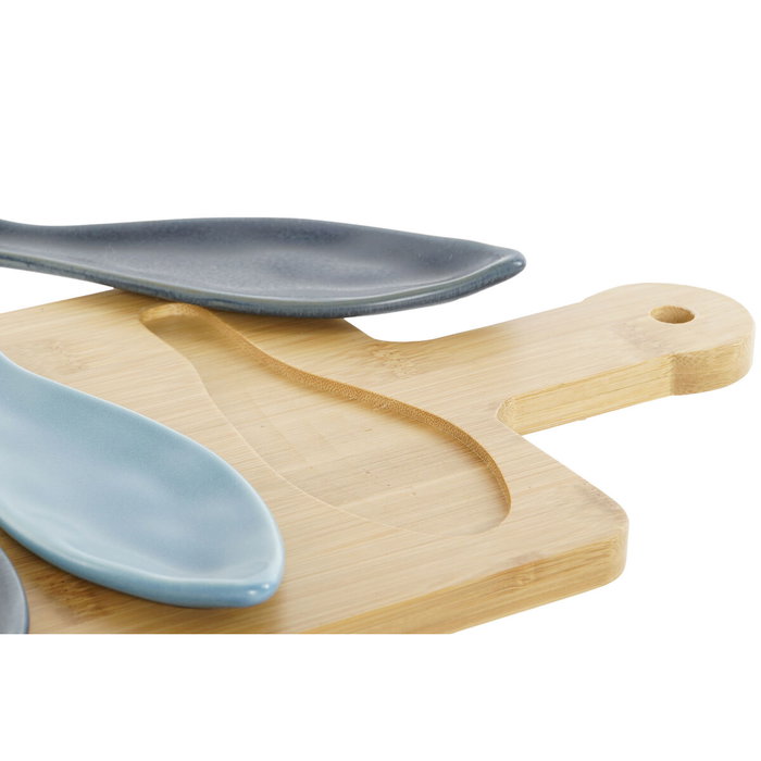 DKD Home Decor Set de Aperitivo Loving Home Peces de 5 Piezas en Porcelana y Bambú, 36x18x1,3 cm