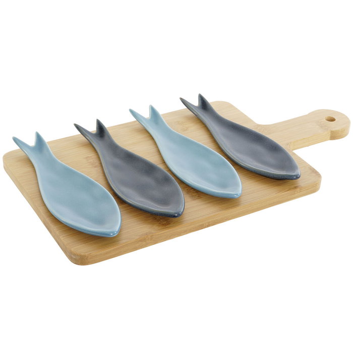 DKD Home Decor Set de Aperitivo Loving Home Peces de 5 Piezas en Porcelana y Bambú, 36x18x1,3 cm