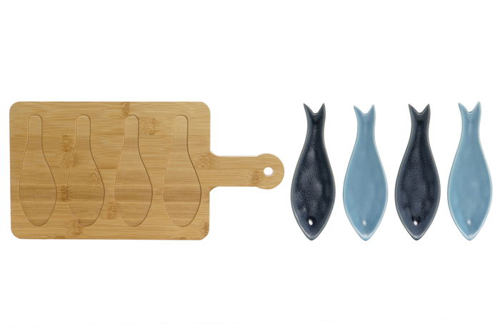 DKD Home Decor Aperitivo Mediterraneo Set de 5 Piezas Porcelana Bambu Azul Marino 18 x 1.3 x 36 cm