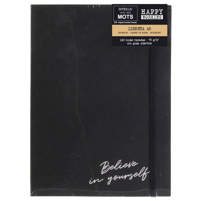 Dites-le avec des Mots Libreta Dina5 Happy Working con Goma Elástica, 120 Hojas 70 gr/m2, 15x21 cm