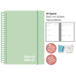 Agenda Anual (2026-27) Senfort 16 Meses Iki Unicolor Espiral Tapa Pp Con Goma 155X215 S/V Pastel Verde