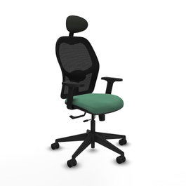 Silla de oficina Alocén con mecanismo Sincro/Traslack tapizada con Tela color Verde esmeralda y malla color Negro. Equipada con lumbar 1D, Brazos 2D, Cabecero Fijo y Ruedas 65mm nailon