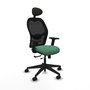 Silla de oficina Alocén con mecanismo Sincro/Traslack tapizada con Tela color Verde esmeralda y malla color Negro. Equipada con lumbar 1D, Brazos 2D, Cabecero Fijo y Ruedas 65mm nailon