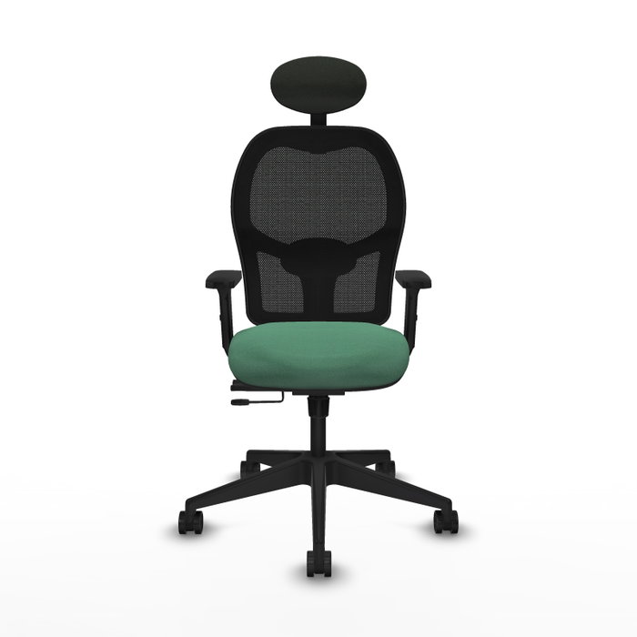 Silla de oficina Alocén con mecanismo Sincro/Traslack tapizada con Tela color Verde esmeralda y malla color Negro. Equipada con lumbar 1D, Brazos 2D, Cabecero Fijo y Ruedas 65mm nailon