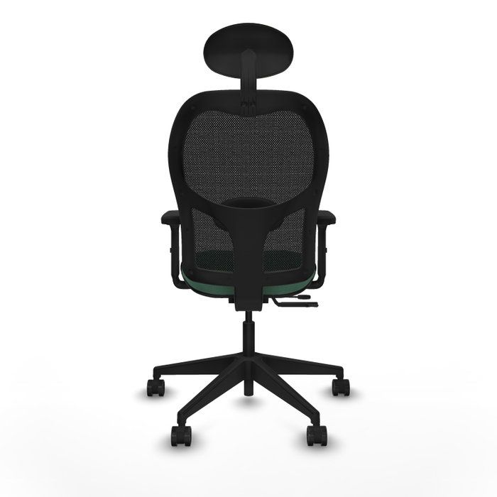 Silla de oficina Alocén con mecanismo Sincro/Traslack tapizada con Tela color Verde esmeralda y malla color Negro. Equipada con lumbar 1D, Brazos 2D, Cabecero Fijo y Ruedas 65mm nailon