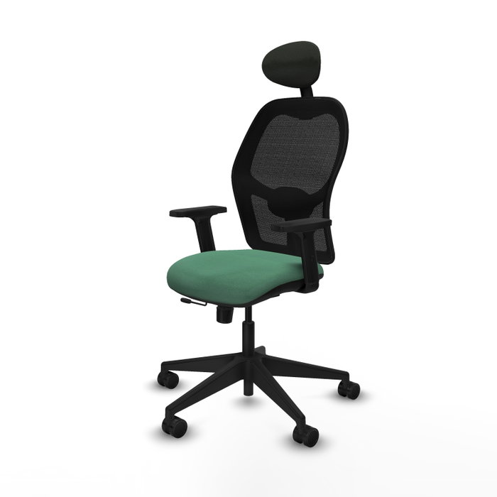 Silla de oficina Alocén con mecanismo Sincro/Traslack tapizada con Tela color Verde esmeralda y malla color Negro. Equipada con lumbar 1D, Brazos 2D, Cabecero Fijo y Ruedas 65mm nailon